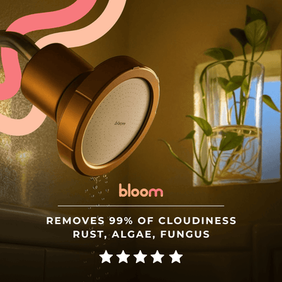 Bloom Filtered Showerhead removes 99% of cloudiness, rust, algae, and fungus for a cleaner shower experience.